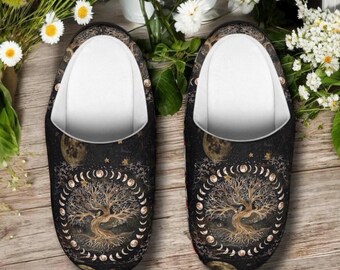 Tree of Life House Slippers, Spiritual Symbol Cozy House Shoes, Celestial Boho Witchy Slippers, Pagan Nature Gift