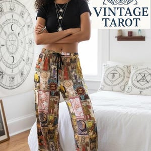 Tarot Card Wide Leg Pants, Witchy Boho Lounge Pants, Vintage Tarot Print Trousers, Pagan Witch Outfit, Dark Academia Pants