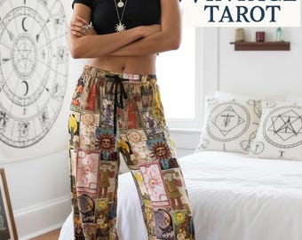 Pantalones anchos con estampado de cartas del tarot, pantalones de descanso estilo boho de bruja, pantalones con estampado vintage de tarot, atuendo de bruja pagana, pantalones estilo academia oscura