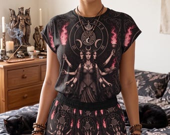 Hecate Goddess Loungewear Outfit, Triple Faced Wolf Torch Two Piece Sleepwear, Wiccan Goddess Gift