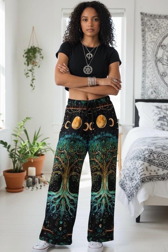 Tree of Life Wide Leg Pants, Moon Phase Lounge Pants, Celestial