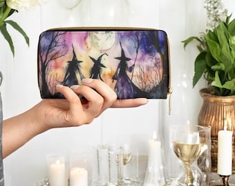 Witch Zipper Wallet with Gothic Halloween Art | Spooky Witch Purse with Silhouettes | Magic Long Wallet | Witchy Gift for Her