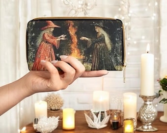 Gothic Witch Zipper Wallet, Vintage Cauldron Pagan Spell Casting Magick Night Scene Wallet, Nature Witch Purse