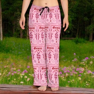 Pantalones de pijama para mujer con el signo del zodíaco Géminis, pantalones de estar por casa de color rosa brujo, ropa de dormir de adivinación celestial, regalo oculto de alquimia, pijama con sigilo de estrella mística