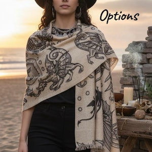 May include: A beige rectangular scarf featuring a repeating black line art pattern of dragons and small circular motifs. The scarf has a fringed edge and the text 2 color Options is printed in the upper right corner of the image.