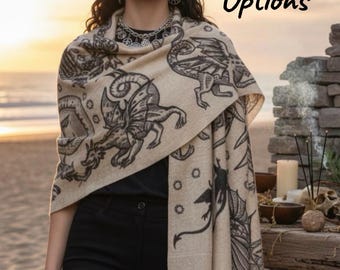 Dragon Scarf Shawl, Witchy Wrap, Pagan Clothing, Gothic Witch Shawl, Mythical Creature Wrap, Dark Fantasy Boho Scarf, Witch Gift