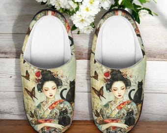 Geisha Black Cat Slippers for Women, Japanese Kimono Art Indoor House Shoes
