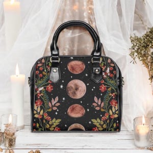 Witchy Moon Phase Purse  Celestial Floral Vegan Leather Handbag for Women  Mystical Lunar Small Bag Gift