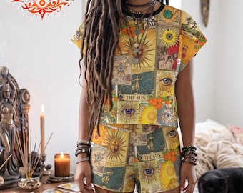 Sun Tarot Card Pajama Set, World Tarot Two Piece Sleepwear, Vintage Solar Witch Loungewear, Joy and Vitality Gift