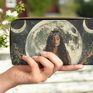 Cartera con cremallera, bolso de la diosa de la luna, bolso pequeño celestial, monedero de bruja, monedero con diseño lunar, bolso pequeño de la diosa, cartera de arte celestial, luna