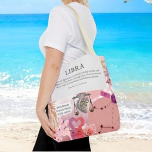 Libra Zodiac Tote Bag | 18 Inch Pink Astrology Gift Bag For Her | Celestial Horoscope Libra Birthday Purse | Star Sign Aesthetic Tote