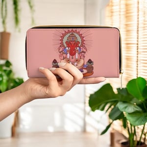 Cartera rosa hindú Ganesha para mujer, bolso de mano con cremallera, diseño de dios elefante espiritual, estilo bohemio, regalo de diosa india, monedero de cuero vegano, accesorio étnico