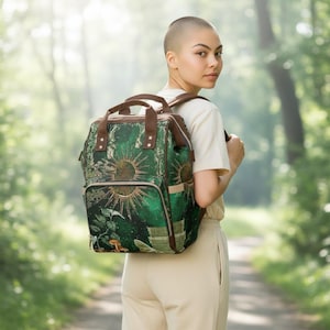 Plecak Celestial Sun, zielona torba na książki z motywem czarownicy, plecak Cottagecore Mushroom, torba podróżna Herbal Witch, plecak szkolny w stylu leśnym