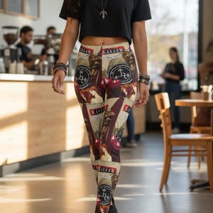 May include: High-waisted leggings featuring a repeating collage print with the text Lilith, circular occult sigils, red candles, and illustrations of a woman with long red hair. The leggings are paired with a plain black cropped t-shirt and black boots.
