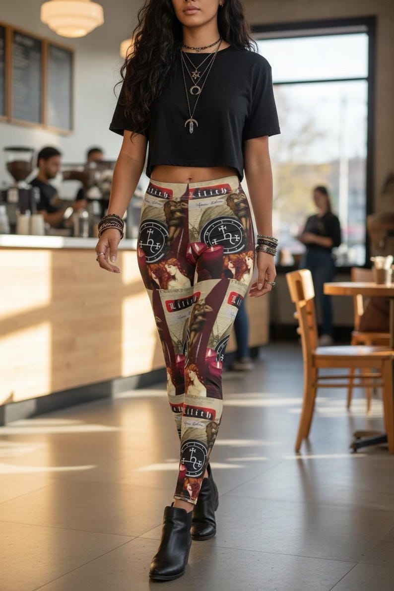 May include: High-waisted leggings featuring a repeating collage print with the text Lilith, circular occult sigils, red candles, and illustrations of a woman with long red hair. The leggings are paired with a plain black cropped t-shirt and black boots.