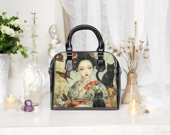 Geisha Cat Shoulder Bag, Japanese Art Purse with Butterflies, Asian Aesthetic Kimono Handbag, Black Cat Gift for Women, Gothic Purse