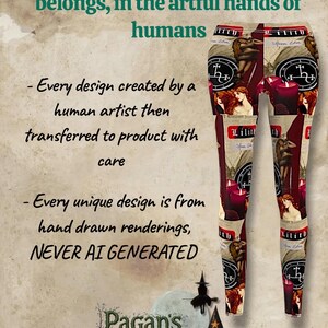 May include: Leggings featuring a repeating collage print of Lilith, red candles, and occult symbols on a cream background. Text on the image reads: We believe in keeping art were it belongs, in the artful hands of humans. Every design created by a human artist then transferred to product with care. Every unique design is from hand drawn renderings, NEVER AI GENERATED. Pagan's Window.
