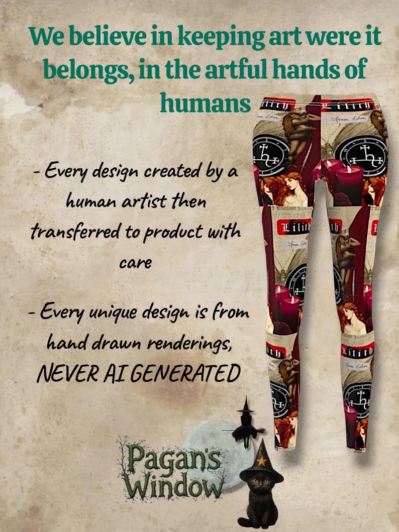 May include: Leggings featuring a repeating collage print of Lilith, red candles, and occult symbols on a cream background. Text on the image reads: We believe in keeping art were it belongs, in the artful hands of humans. Every design created by a human artist then transferred to product with care. Every unique design is from hand drawn renderings, NEVER AI GENERATED. Pagan's Window.