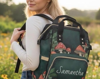 Mochila personalizada con forma de seta, mochila con estampado de hongos estilo cottagecore, mochila escolar de bruja del bosque.