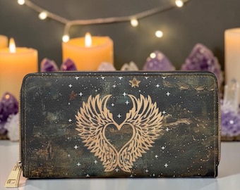 Gothic Angel Wallet, Textured Cosmos Celestial Wing Heart Zip Around Purse, Dark Academia Witchy Gift