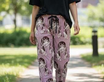 Hecate Goddess Pajama Pants Triple Moon Lounge Pants Purple Witchy Sleepwear for Women Occult Boho Gift Dark Feminine Loungewear