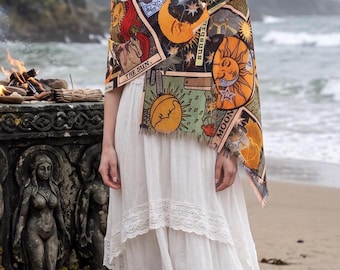 Sun Moon Tarot Vintage Witch Scarf, Major Arcana Print Wrap Shawl, Witchy Boho Fringe Scarf, Mystical Wrap