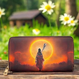 Cartera con cremallera con diseño de ilustraciones de nativos americanos Eclipse Cartera de viaje larga con cremallera alrededor, Monedero pequeño con viaje espiritual metafísico celestial al sol
