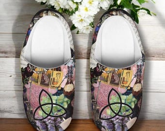 Witchcore Slippers for Women, Tarot Crystal Pagan House Shoes, Gothic Witchcraft Cottagecore Indoor Slip Ons