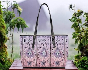 Pastel Gothic Tote Bag With Occult Symbols , Pentagram And Skull Design - Witchy Aesthetic Shoulder Bag For Dark Academia Style, Kawaii Goth