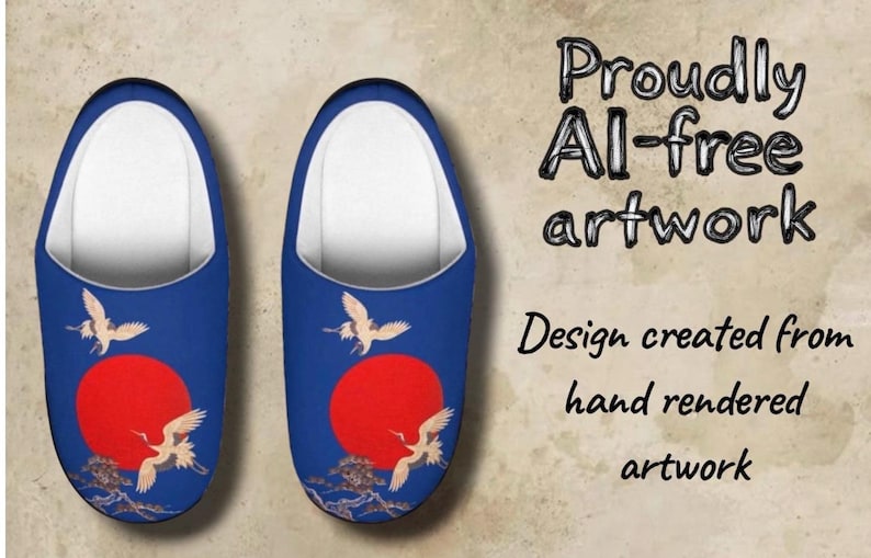 May include: Pair of blue slippers with a white interior, featuring a red sun and crane artwork. The design includes the text "Proudly AI-free artwork" and "Design created from hand rendered artwork".