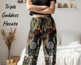 Hecate Wide Leg Pants for Women, Witchy Boho Trousers, Pagan Goddess Print Pants, Dark Academia Lounge Pants, Occult Witch Outfit
