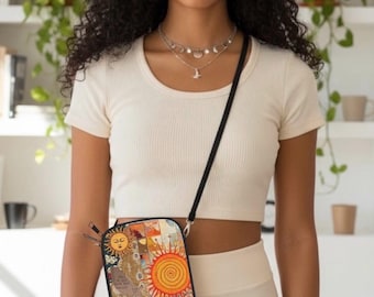 Boho Sun Tarot Crossbody Purse, Celestial Collage Wallet Bag, Vintage Solar Manifestation Purse, Sun Moon Affirmation Gift