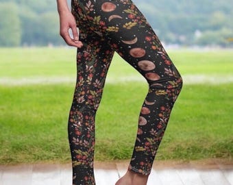 Moon Phase Leggings, Witchy Celestial Yoga Pants, Botanical Lunar Workout Leggings, Pagan Witchcore Activewear, Dark Academia Pants