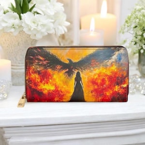 Phoenix Fire Art Wallet Zip Around Clutch, Mythical Bird Flame Print Long Wallet