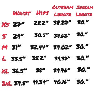 May include: A size chart with red headers for Waist, Hips, Outseam Length, and Inseam Length. The rows list sizes XS through 2XL with corresponding measurements in inches. The XS waist is 27 inches, hips 28.2 inches, outseam 38.27 inches, and inseam 30 inches.
