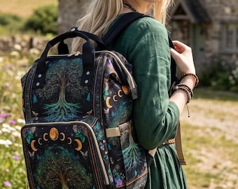 Tree of Life Backpack for Women, Moon Phase Witchy Bag, Celestial Boho Laptop Backpack, Pagan Celtic Gift, Mystical Travel Bag