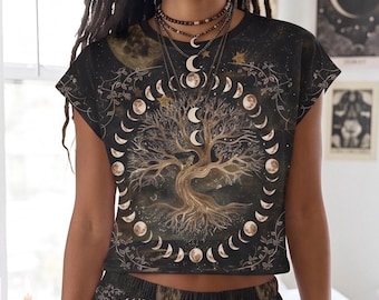 Moon Phase Tree of Life Pajama Set, Celestial Cosmos Two Piece Sleepwear, Starry Sky Witchy Loungewear, Matching Cosmic Tree Slippers