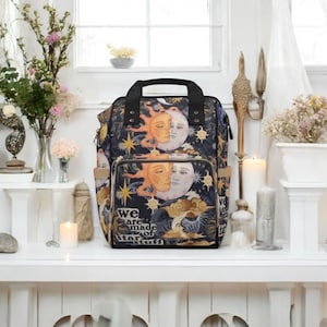 Sun Moon Stars Backpack | Celestial Zodiac Bookbag | Star Stuff Quote Bag | Astrology Witchy School Bag | Cosmic Travel Backpack