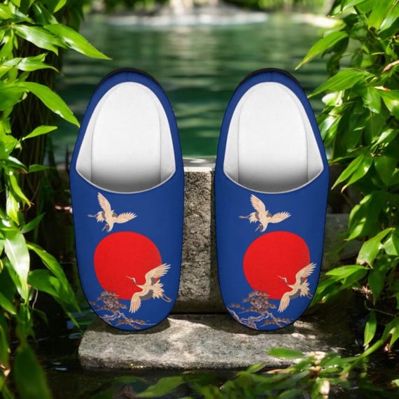 Japanese Crane Slippers for Women, Red Sun Ukiyo-e Art House Shoes, Asian Style Indoor Footwear, Cultural Gift Idea