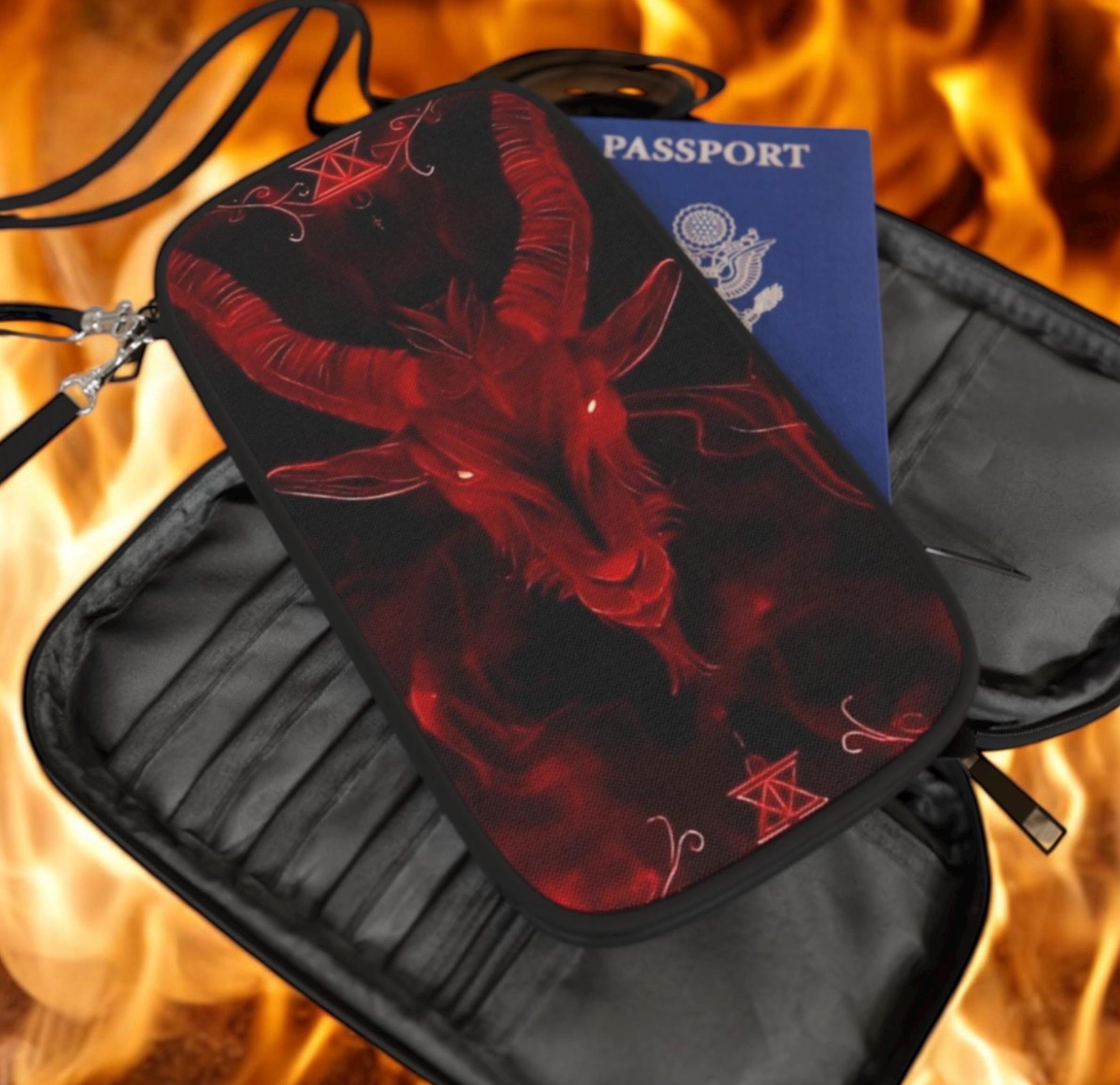 バフォメット トラベルウォレット 悪魔のヤギの頭 パスポートホルダー オカルト 魔女風 レッド ペンタグラム ジップオーガナイザー ダーク  美的ファン向け
