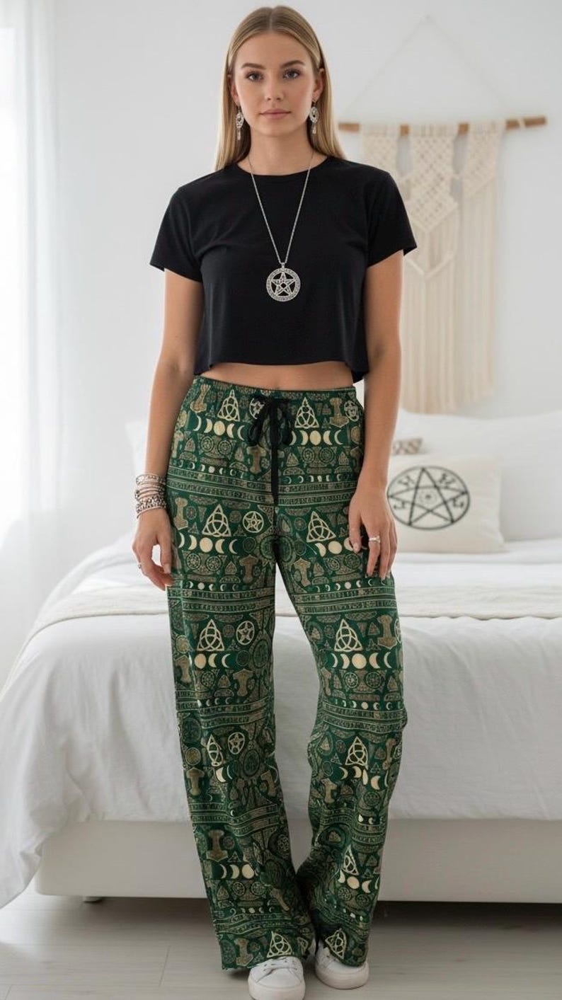 Pant Runes Celtic Rune Drawstring Pants Moon Phase Pagan Symbol Wide Leg Boho ...