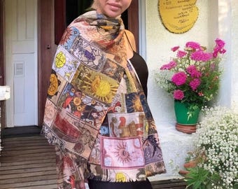 Tarot Card Scarf for Women Witchy Boho Shawl Mystical Tarot Wrap Occult Fashion Gift for Spiritual Readers Festival Clothing