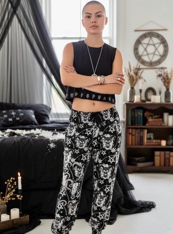 Baphomet Lounge Pants, Gothic Occult Demon Pentagram Print Wide