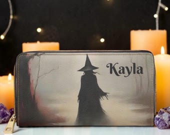 Personalized Woodland Witch Silhouette Wallet, Custom Name Dark Academia Foggy Forest Purse, Moody Gothic Fantasy Gift