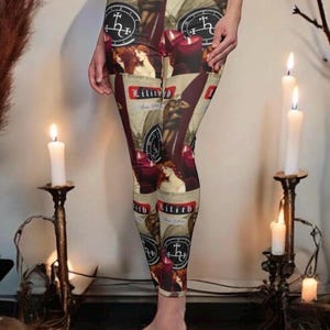 May include: High-waisted leggings featuring a repeating graphic print of the text Lilith, occult sigils, red candles, and a figure with long hair. The design incorporates a beige background with dark red and black accents throughout the fabric.