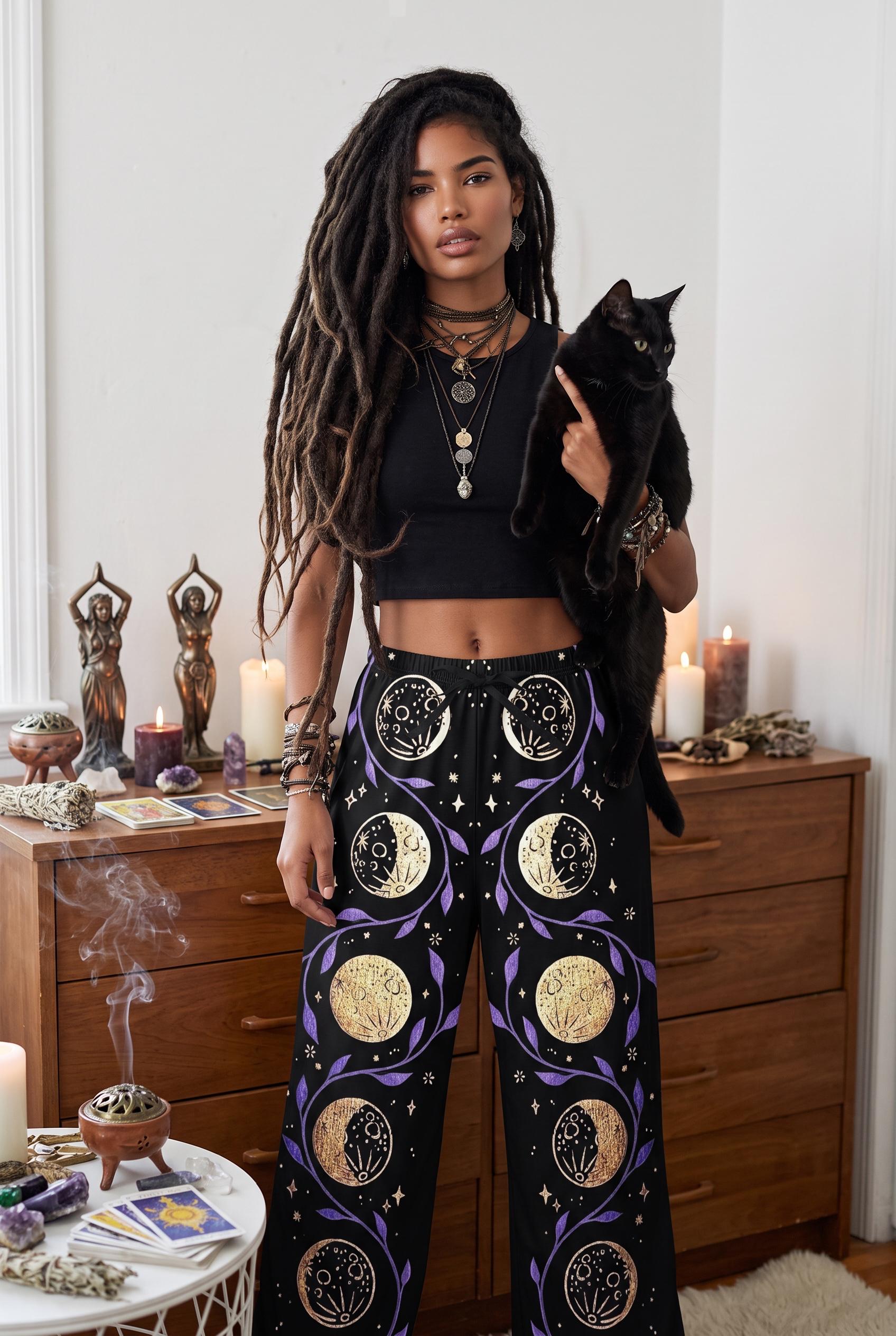 Whimsigoth Moon Phase Celestial Lounge Pants, Cosmic Witch Black