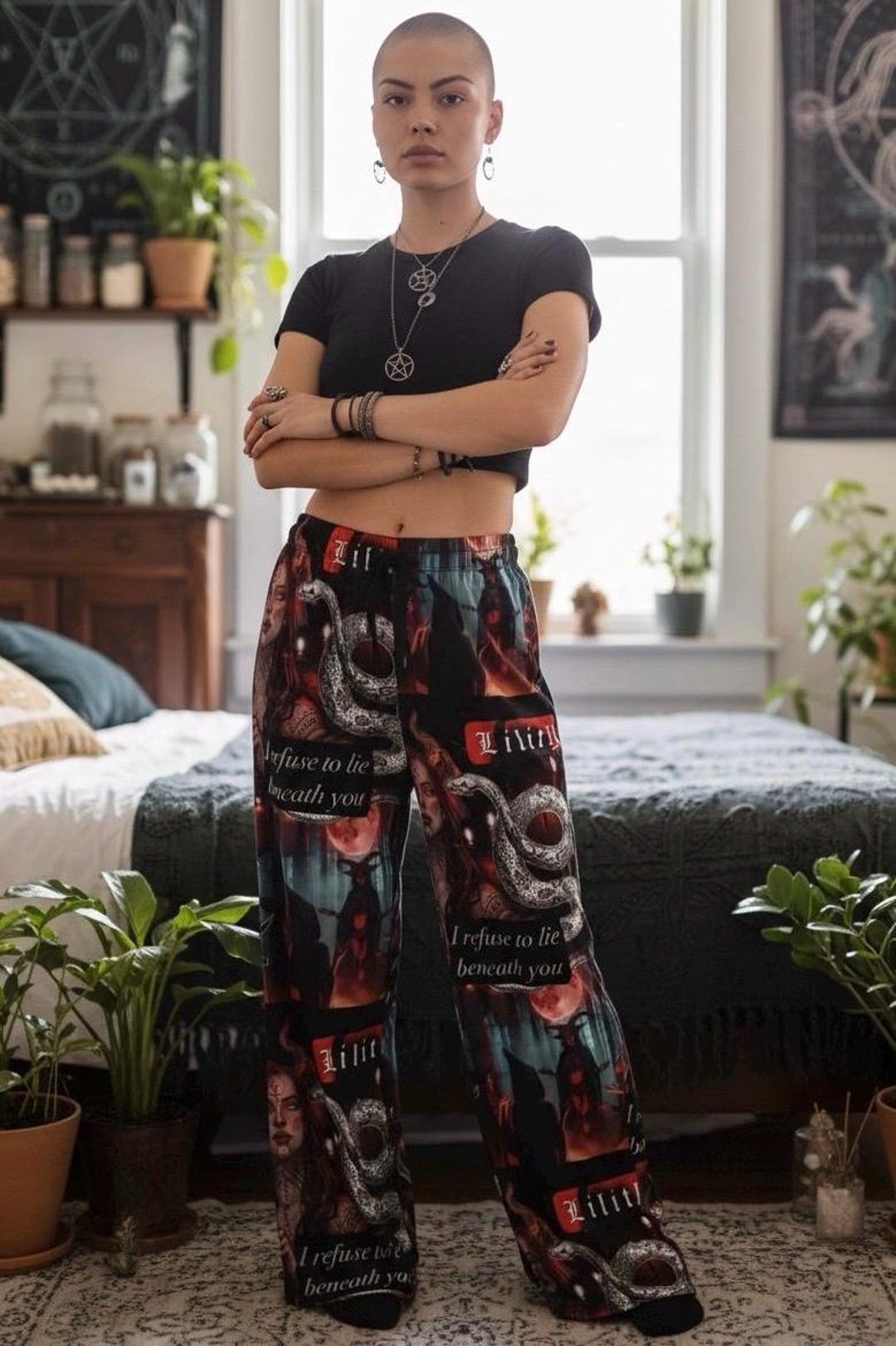 Lilith Horned Goddess Lounge Pants, Blood Moon Dark Ritual Wide
