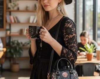 Witchy Moon Phase Vegan Leather Handbag, Celestial Floral Gothic Purse for Women, Witchcore Lunar Small Bag, Mystical Moon Gift