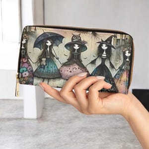 Carteira com zíper, design gótico encantado, bolsa mágica gótica para mulheres bruxas, carteira de fantasia sombria, carteira mística assustadora, moda alternativa