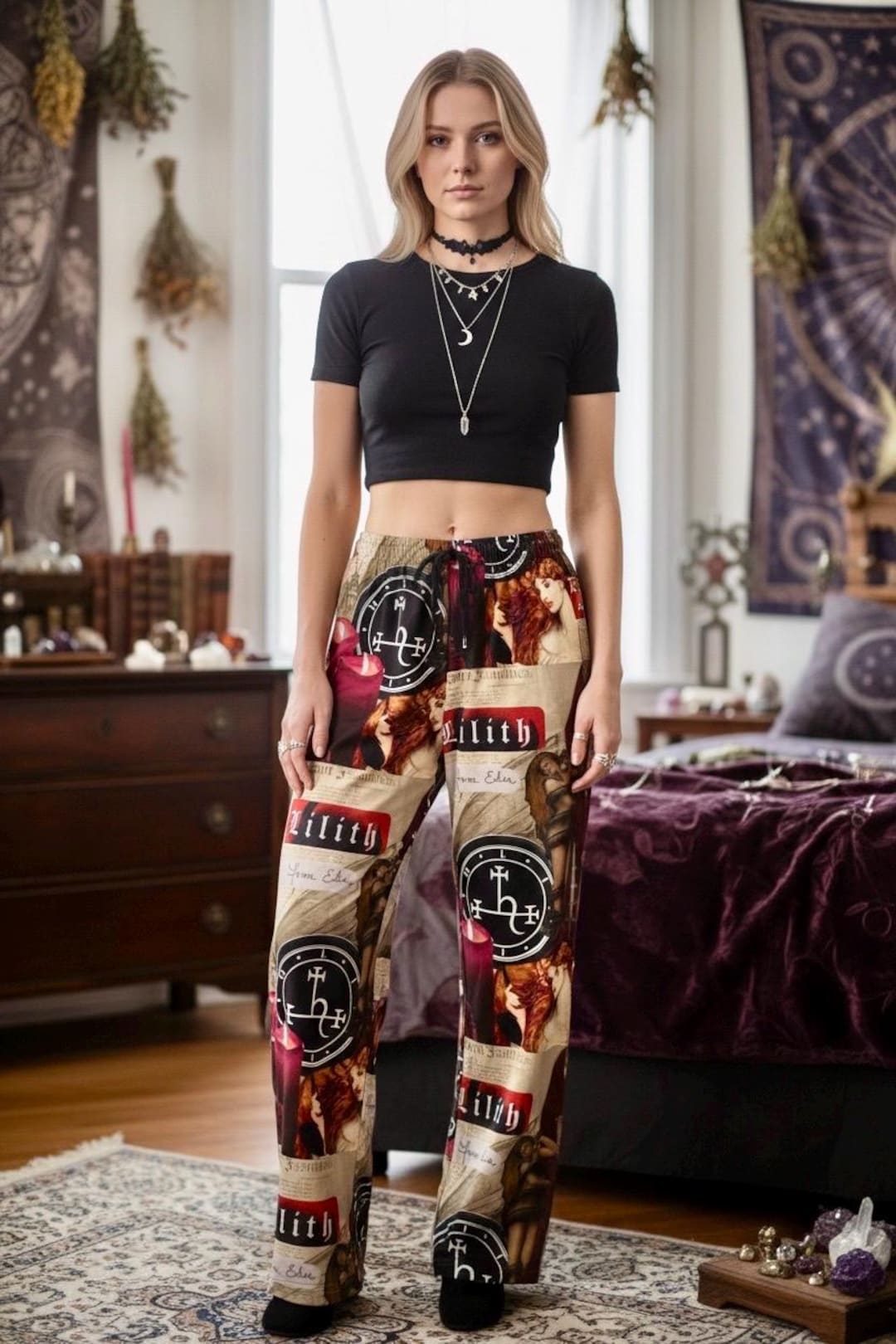 Lilith Pajama Pants for Women, Gothic Witchcore Lounge Pants, Occult ...